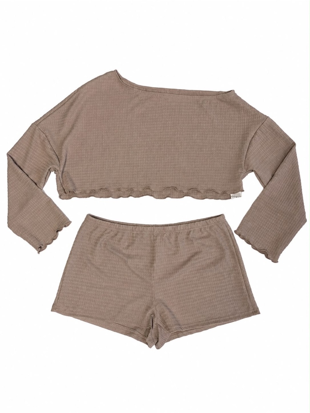 Waffle Knit Long Sleeve Crop Top & Shorts Sleep Set - Taupe